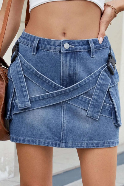 Criss-Cross Waist Detail Denim Mini Skirt WESTCLOSET