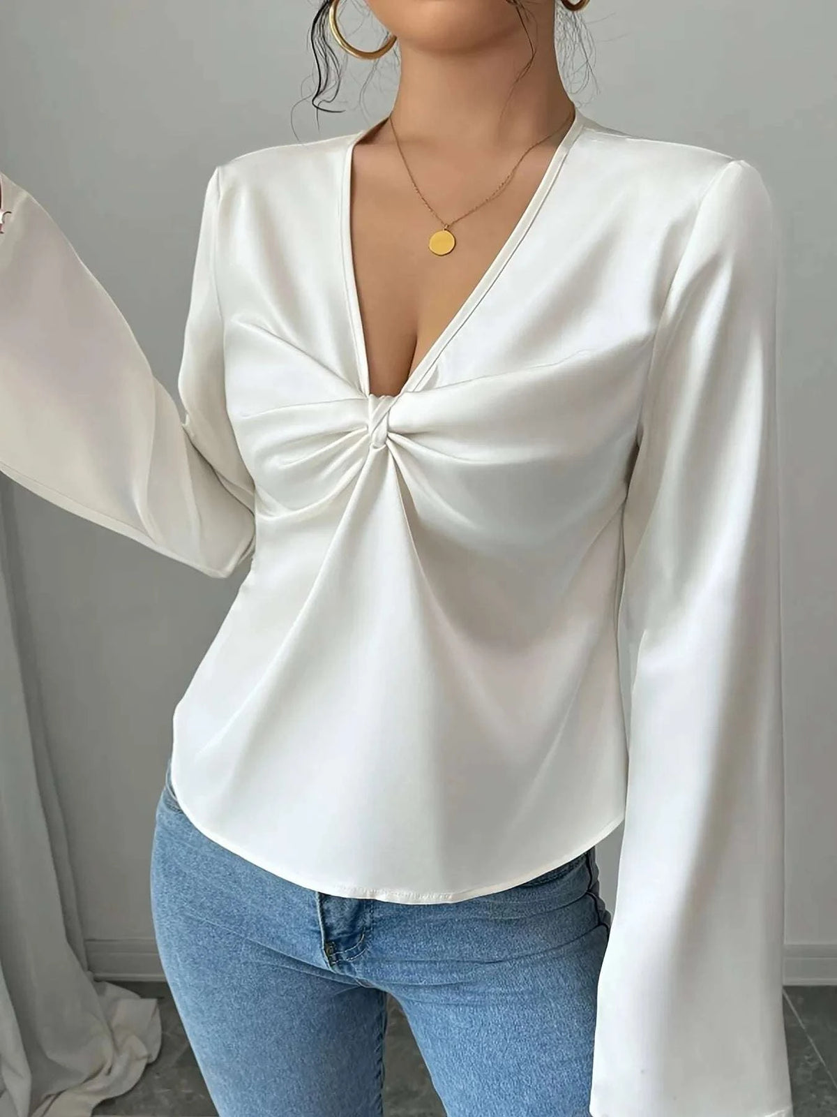 V-Neck Twist Front Long Sleeve Blouse WESTCLOSET