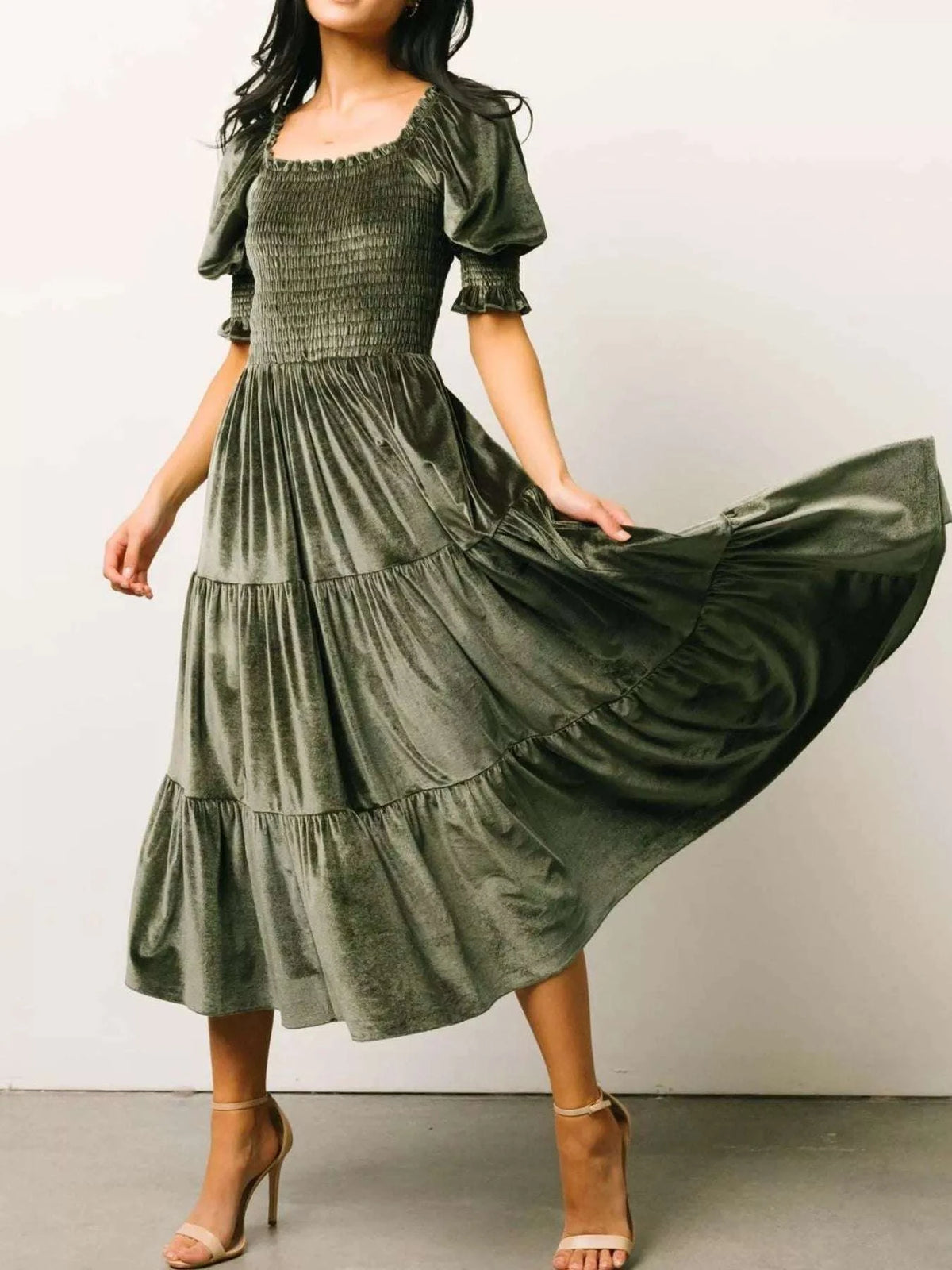 Velvet Smocked Tiered Midi Dress WESTCLOSET