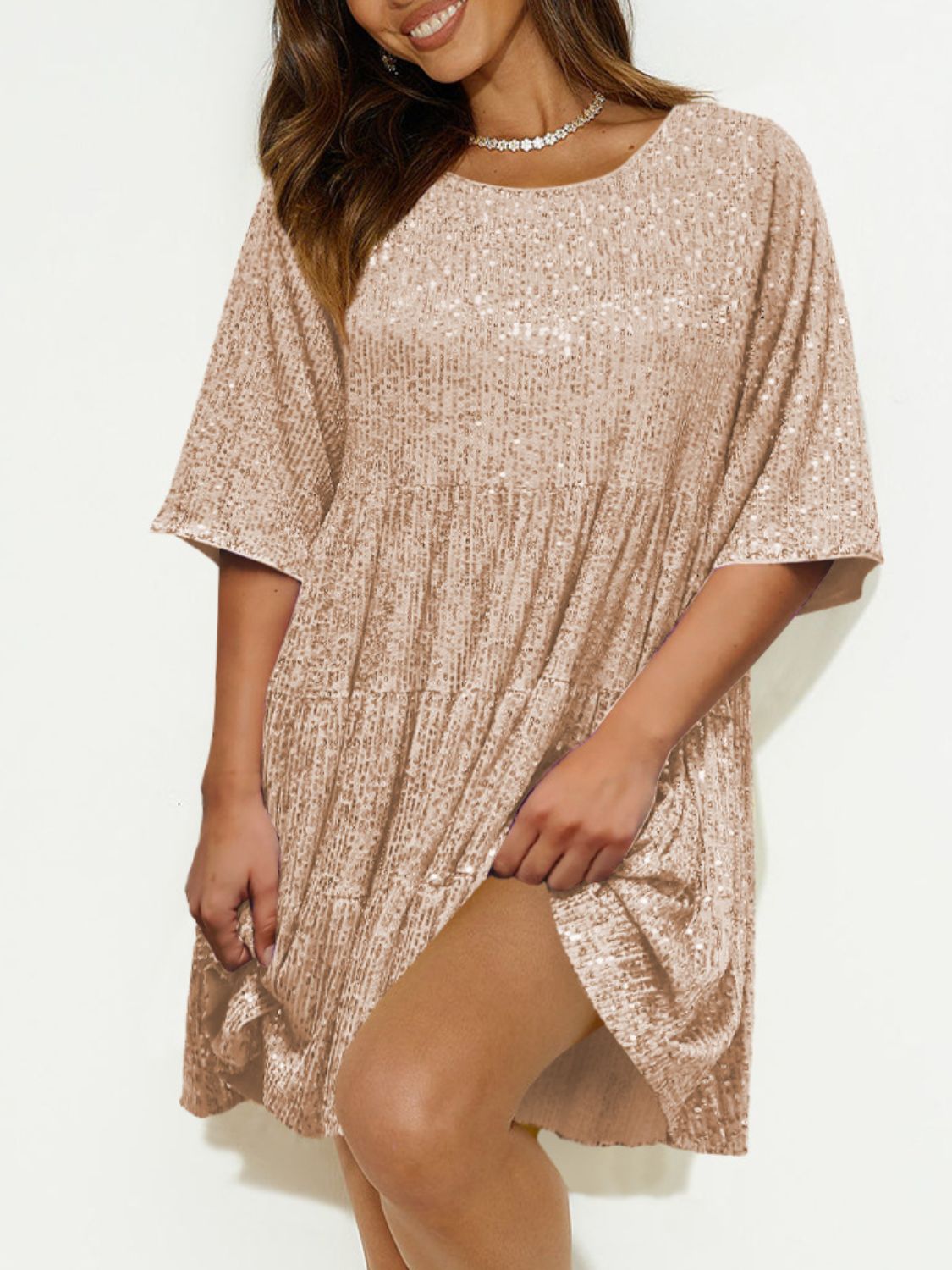 WestCloset Sequin Round Neck Half Sleeve Mini Dress 
