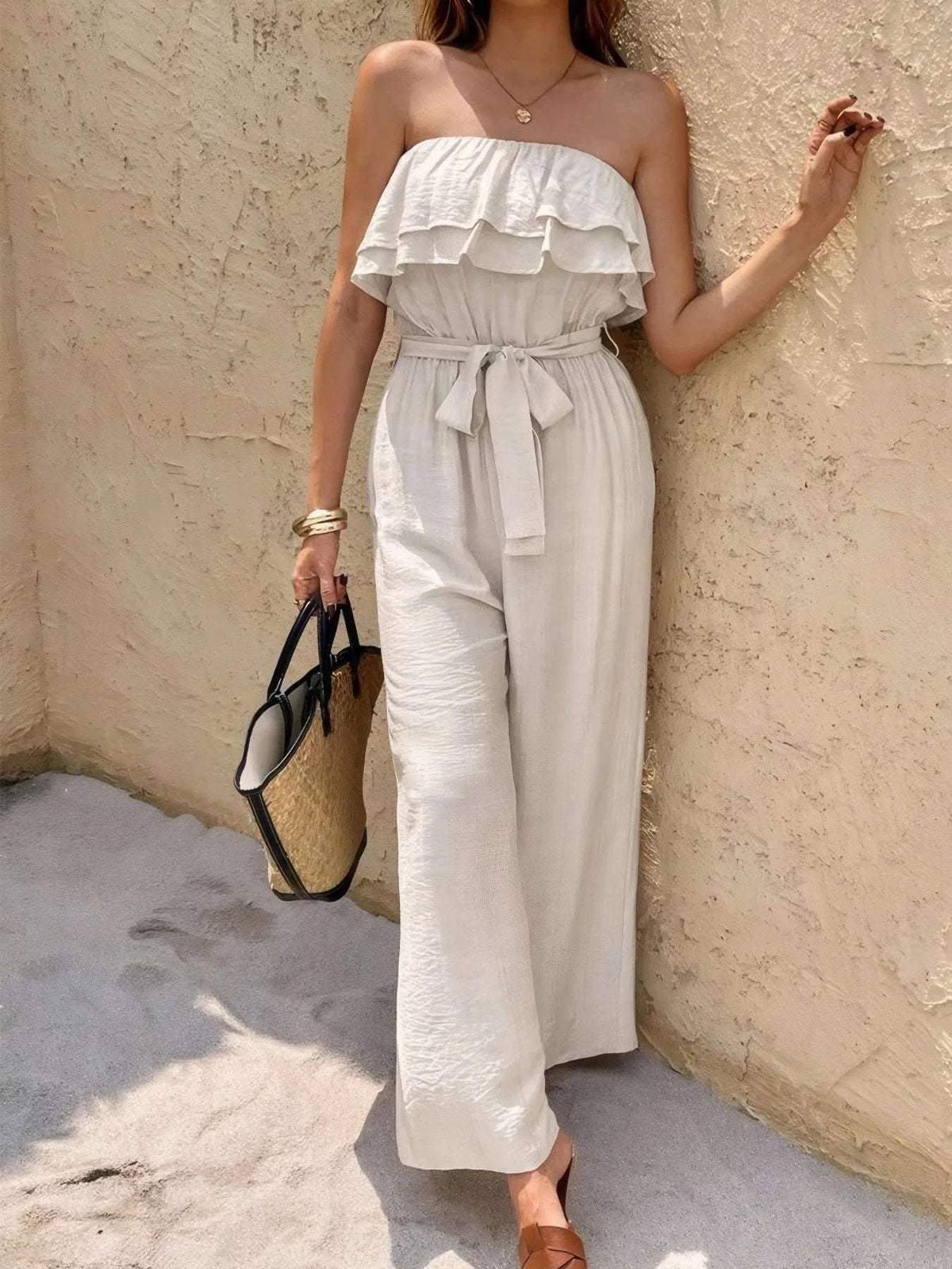 Off-Shoulder Ruffled Wide Leg Jumpsuit WESTCLOSET