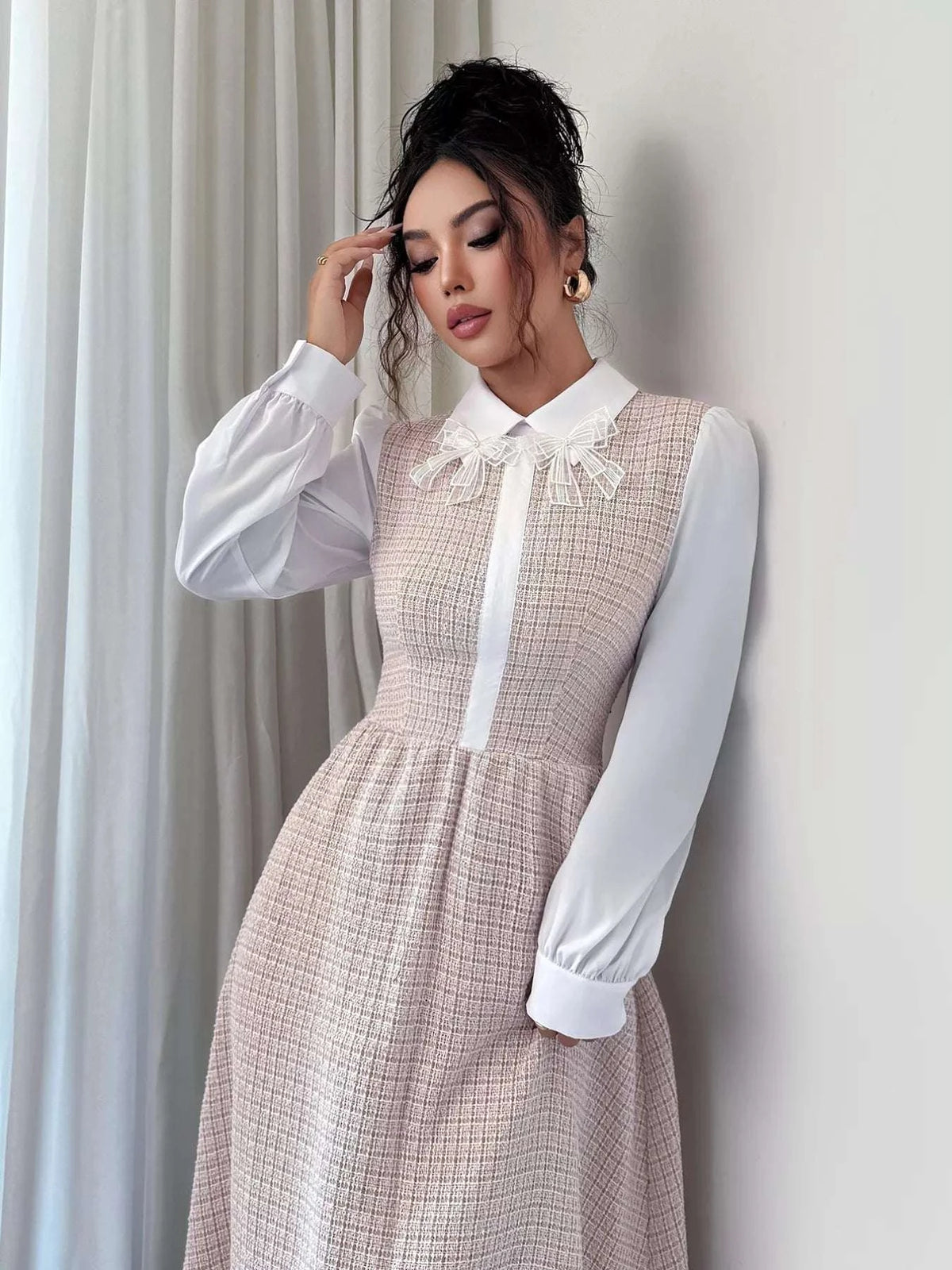Tweed Long Sleeve A-Line Midi Dress WESTCLOSET