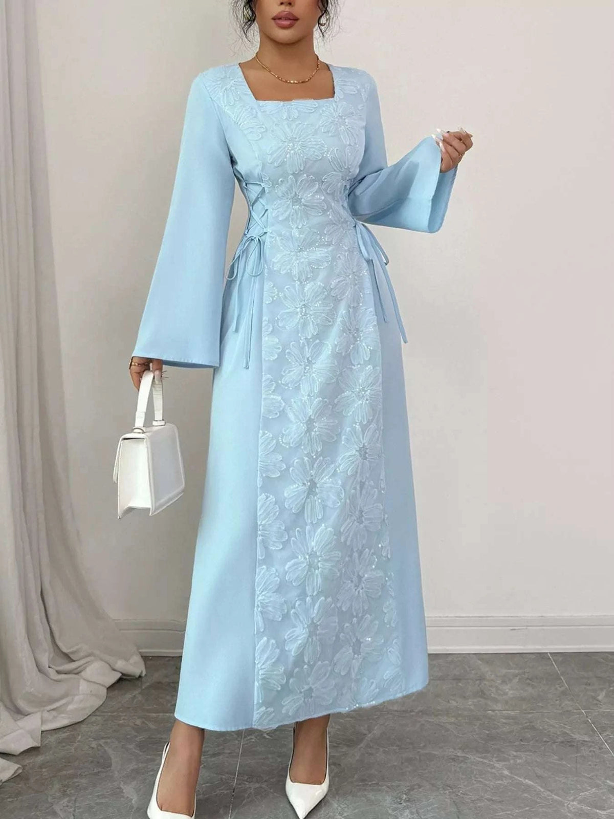 Lace Up Square Neck Long Sleeve Maxi Dress WESTCLOSET