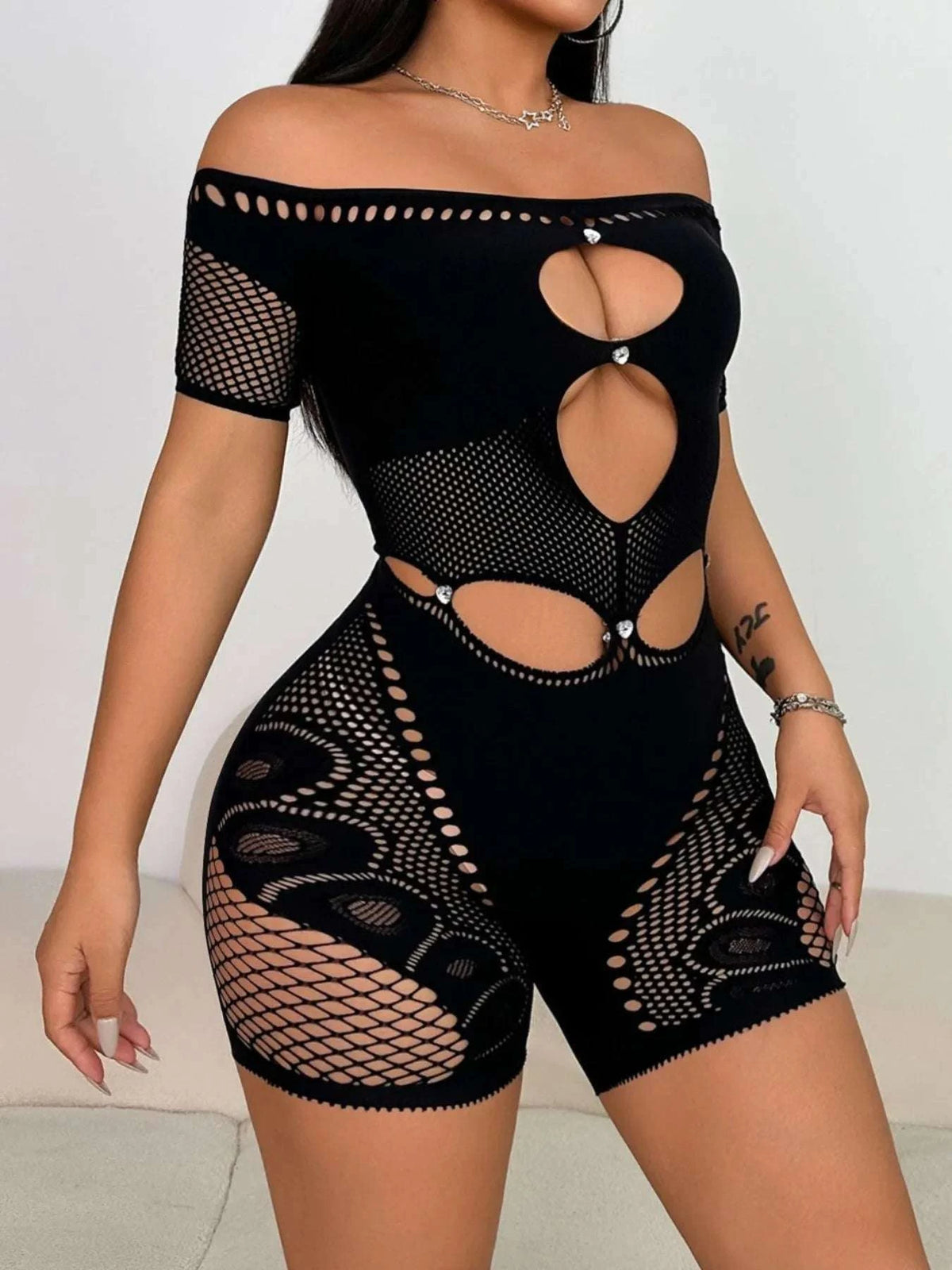Cutout Off Shoulder Fishing Net Romper WESTCLOSET