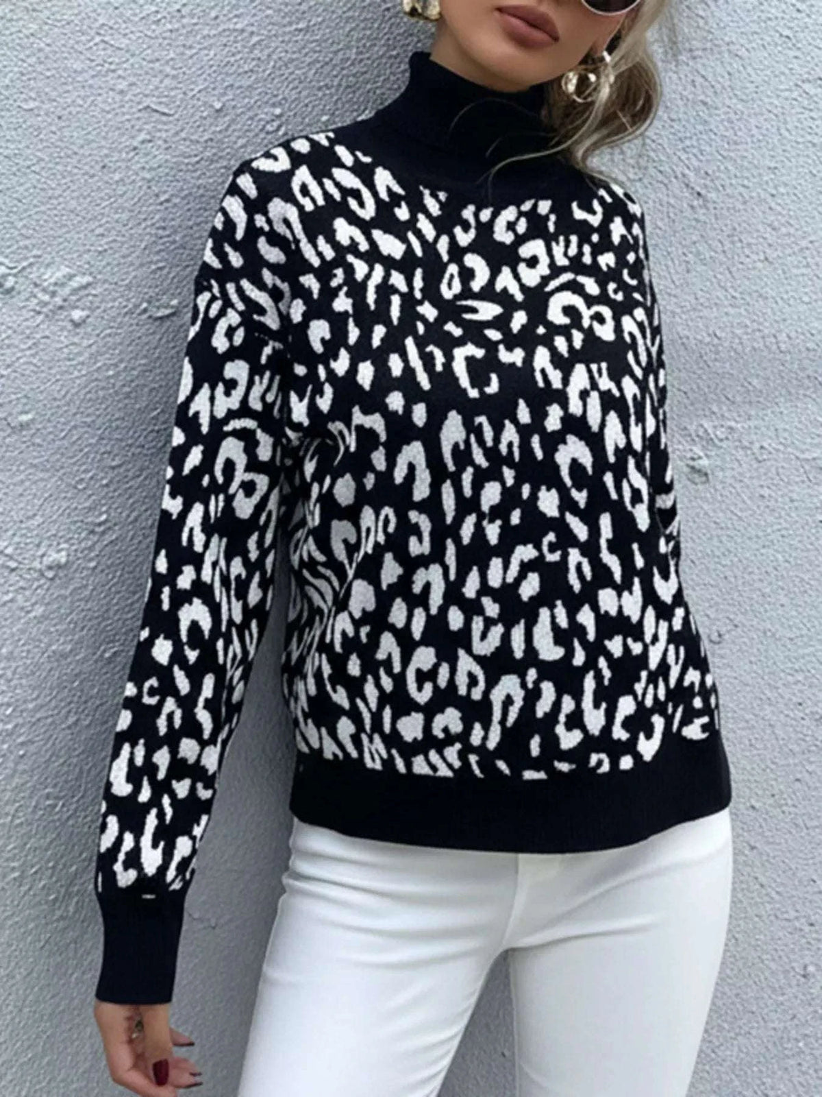 Leopard High Neck Pullover Sweater WESTCLOSET