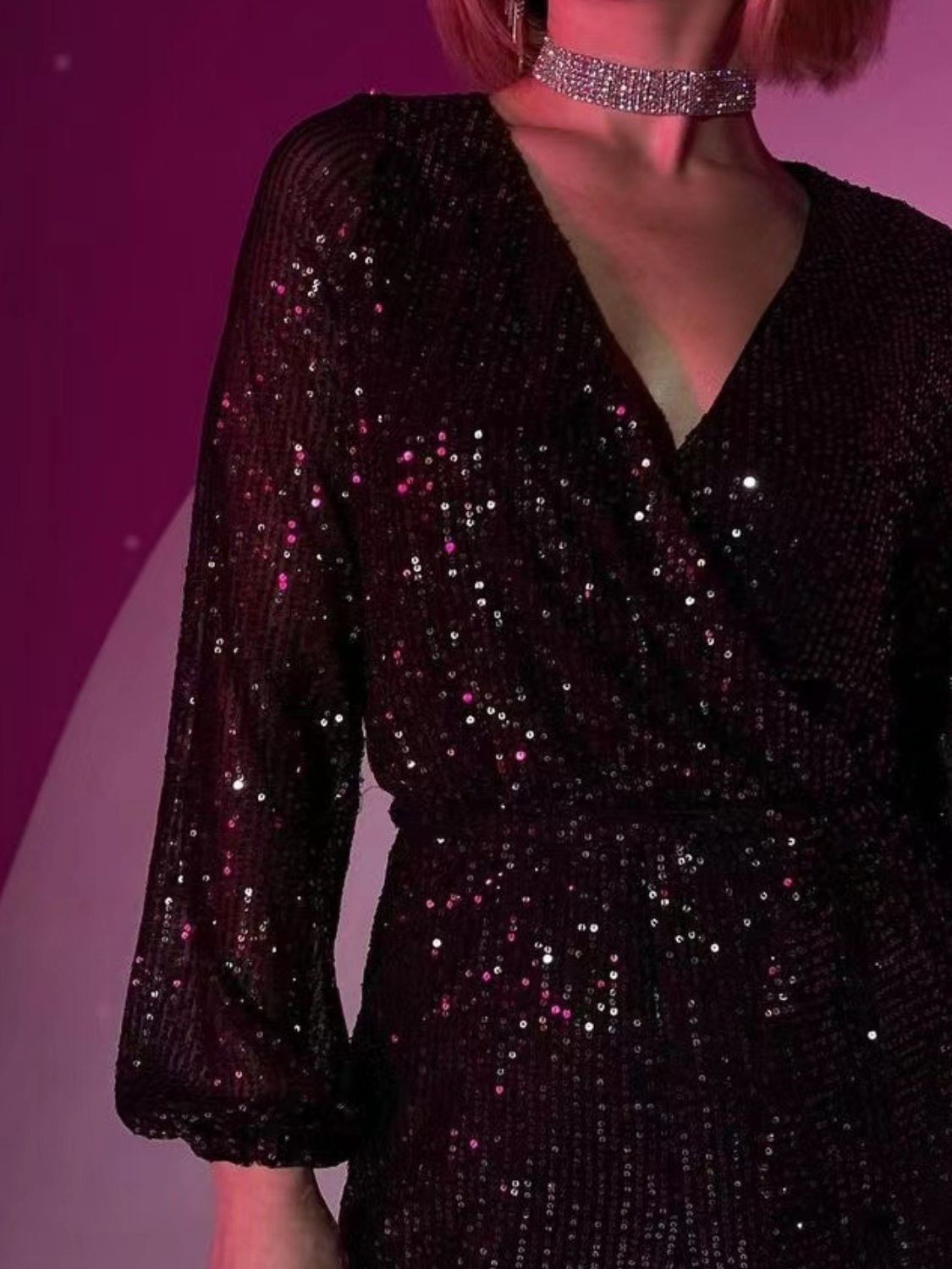 WestCloset Full Size Sequin Surplice Tie Waist Long Sleeve Romper 