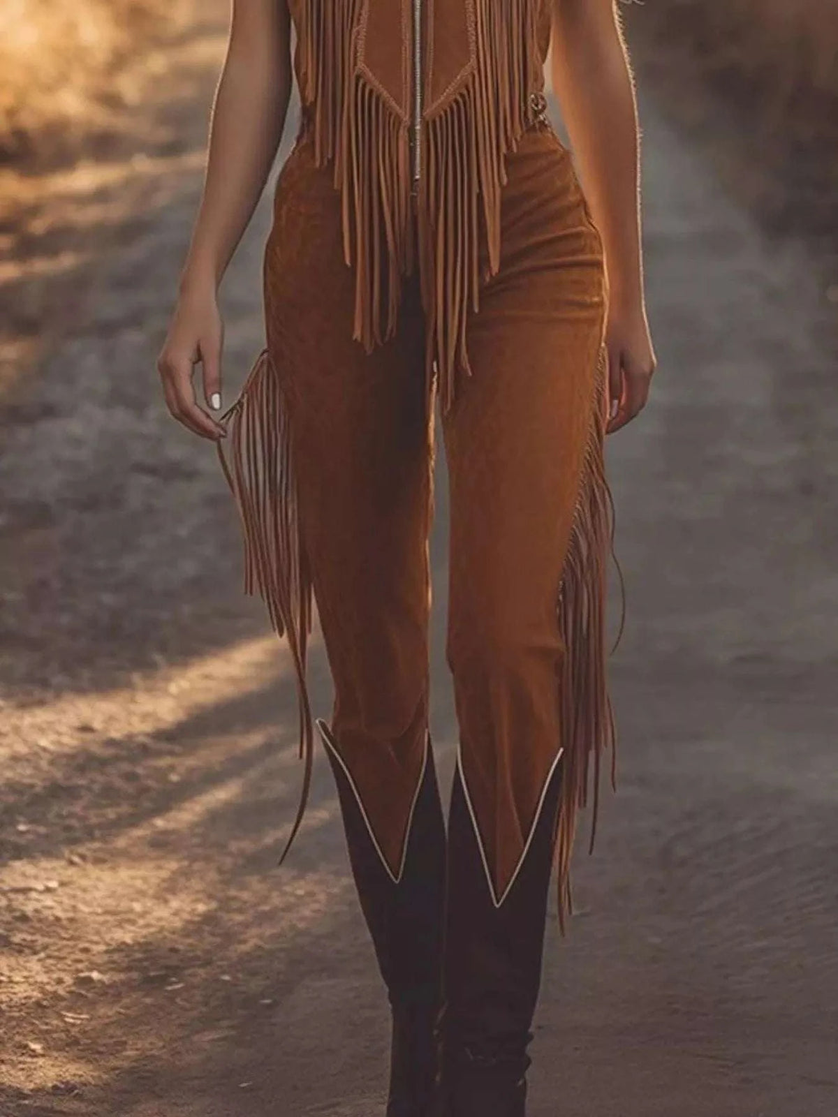 Western Style Fringe Zip Front Jumpsuit WESTCLOSET