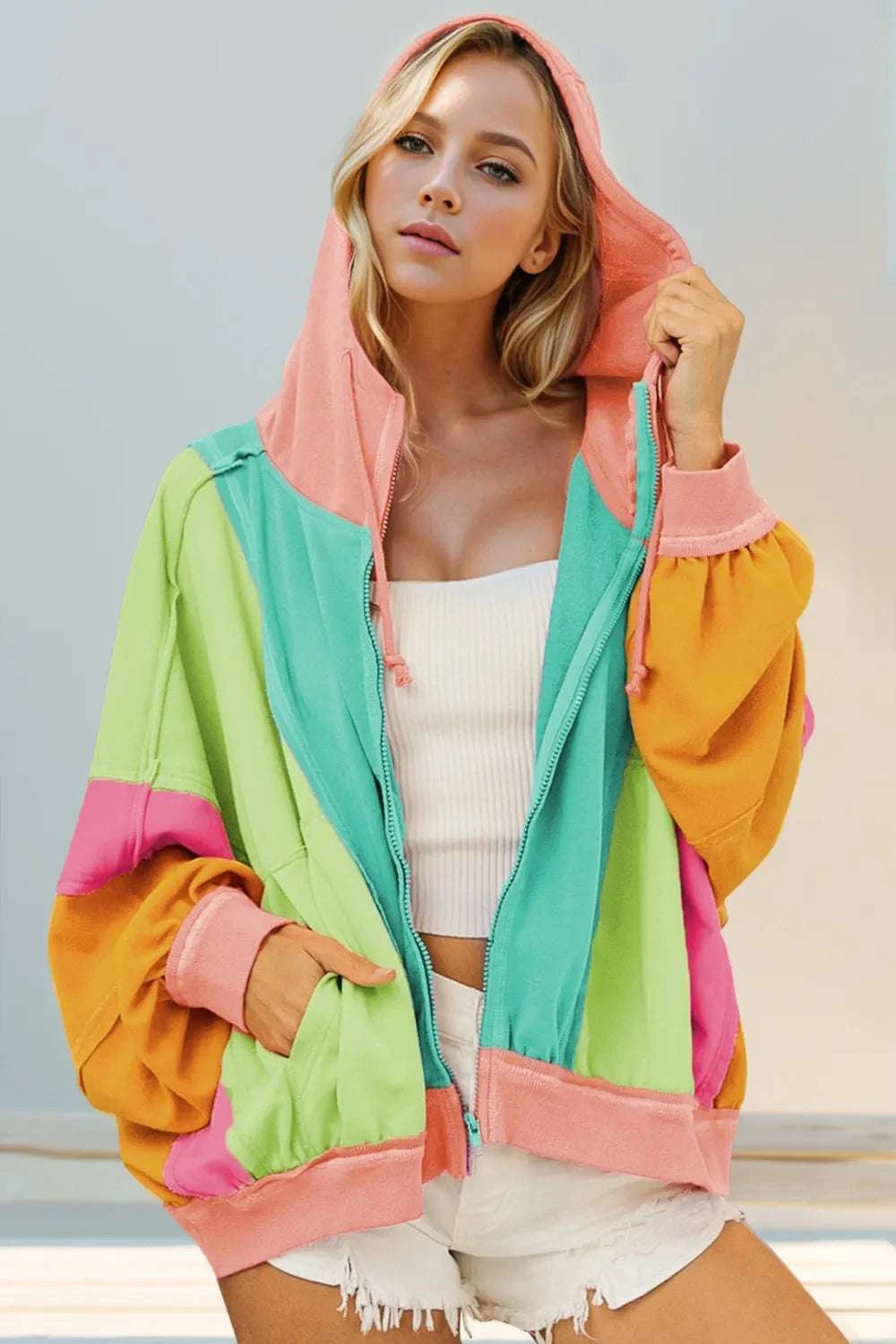 Double Take Full Size Color Block Zip Up Hoodie WESTCLOSET