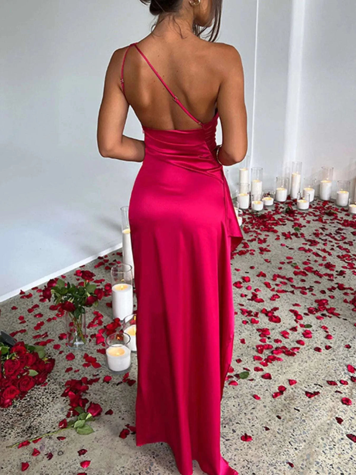 One Shoulder Satin Dress with High Slit WESTCLOSET