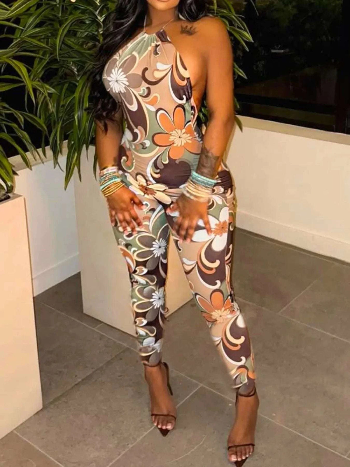 Tropical Print Halter Neck Bodycon Jumpsuit WESTCLOSET