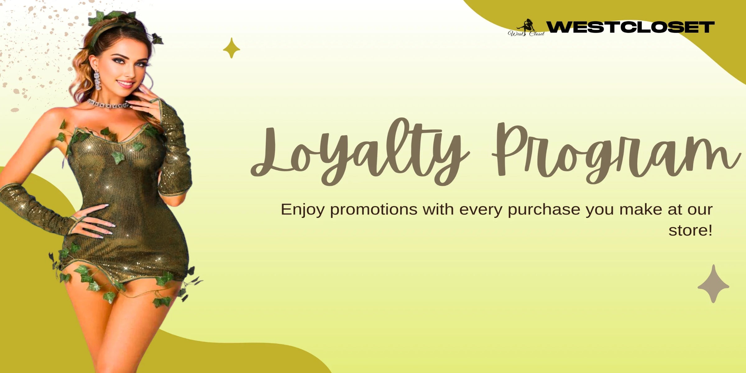 Promotional banner for Westcloset's loyalty program with a model in lingerie.