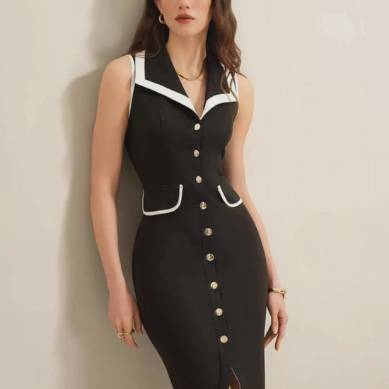 Sleeveless button front black dress for women 