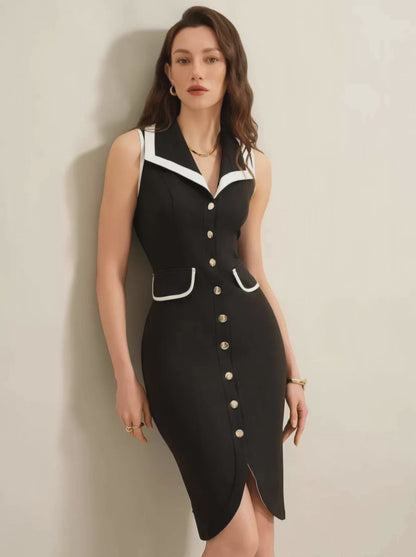Sleeveless button front black dress for women 
