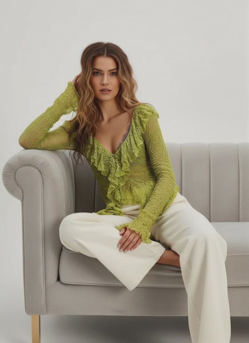 Lime lace ruffle V-neck blouse for women by WestCloset