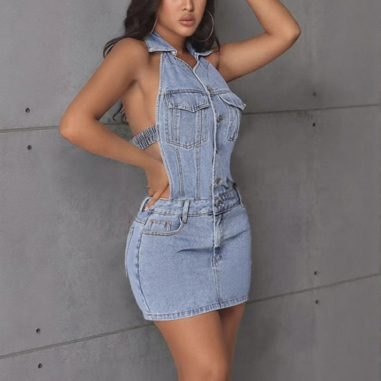 Backless sleeveless denim mini dress for women in blue by WestCloset