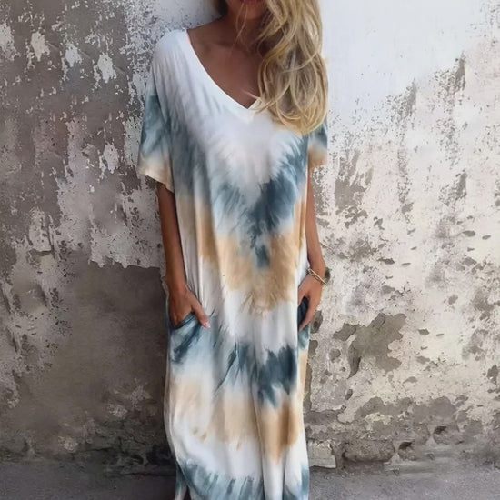 Short sleeve tie dye casual dress for women with pockets