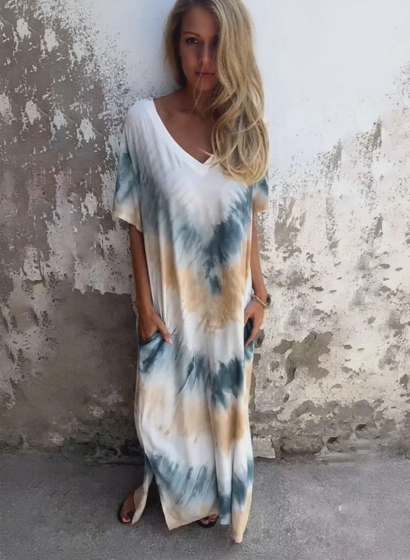 Short sleeve tie dye casual dress for women with pockets