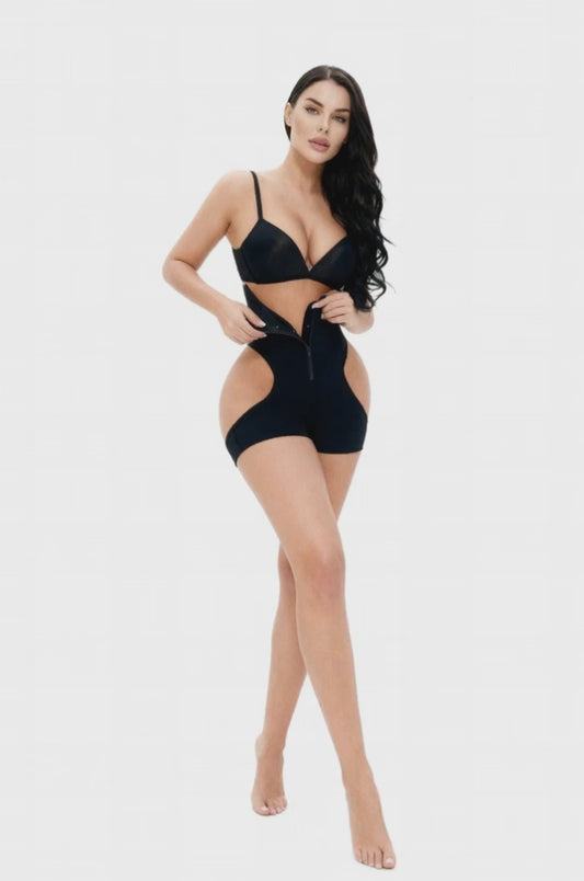 Women black shaping bodysuit with under-bust cutout