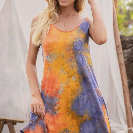 Tie-dye sleeveless mini dress for women with pockets
