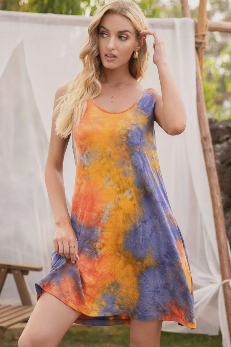 Tie-dye sleeveless mini dress for women with pockets