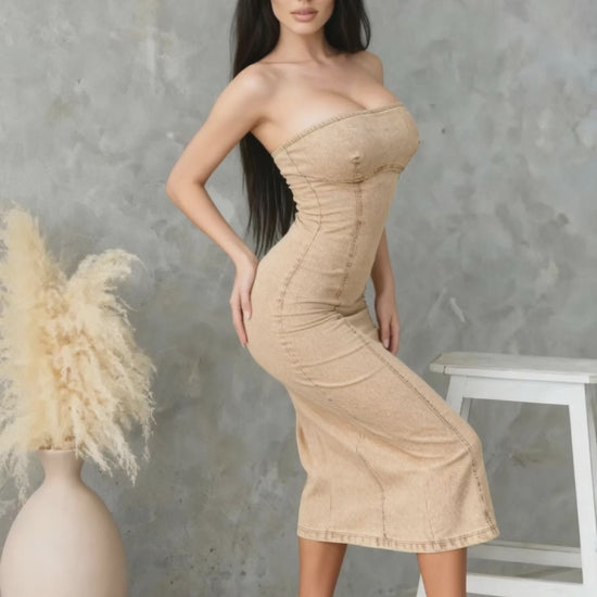 Strapless denim dress with back slit for women