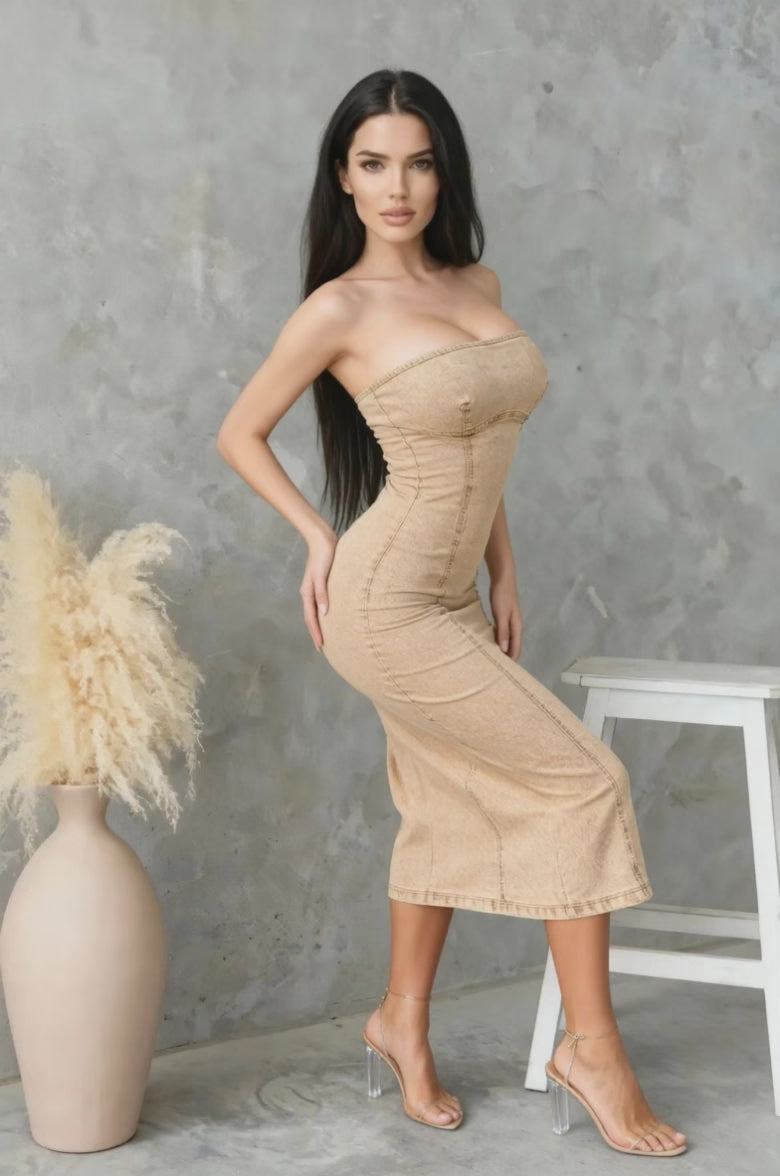 Strapless denim dress with back slit for women