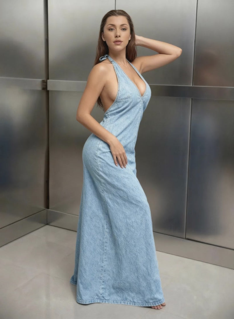 Backless halter neck denim maxi dress for women