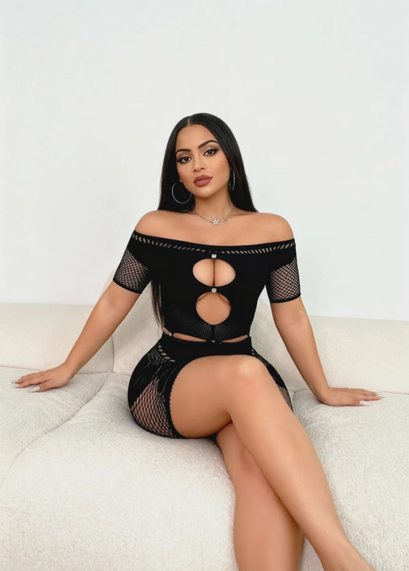 Black cutout off-shoulder mesh romper for women by WestCloset