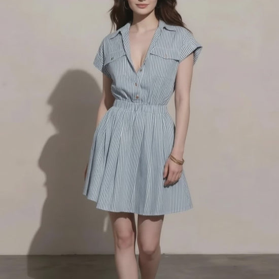 Button front striped mini dress with pockets for women
