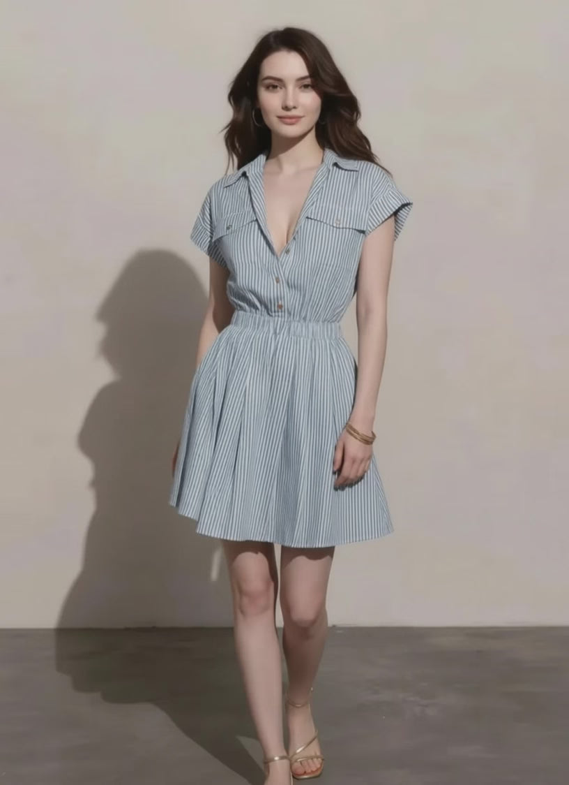 Button front striped mini dress with pockets for women