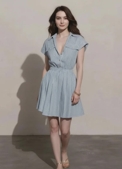 Button front striped mini dress with pockets for women