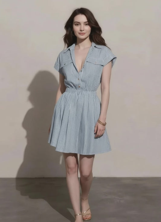 Button front striped mini dress with pockets for women