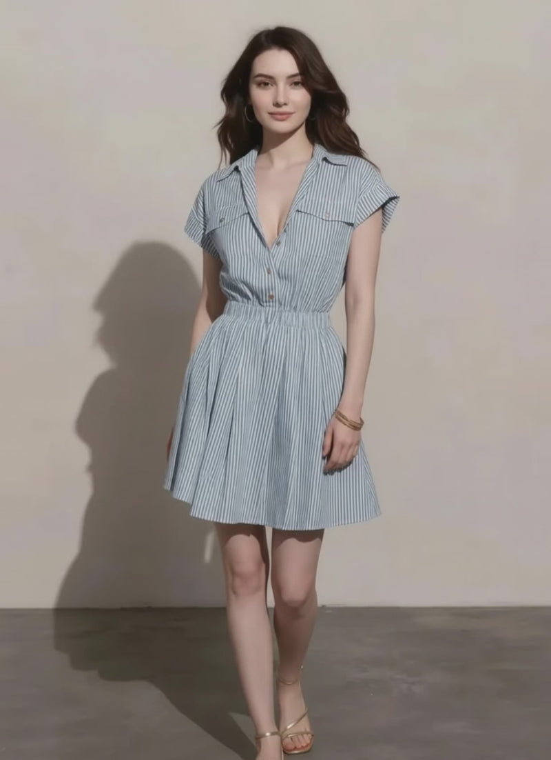 Button front striped mini dress with pockets for women
