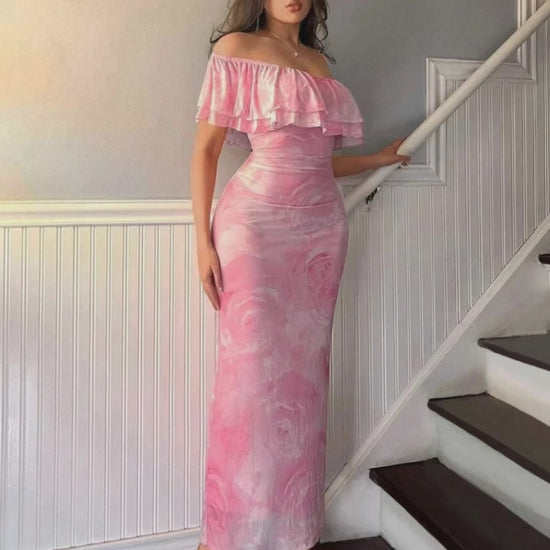 Pink layered ruffled off-shoulder dress women