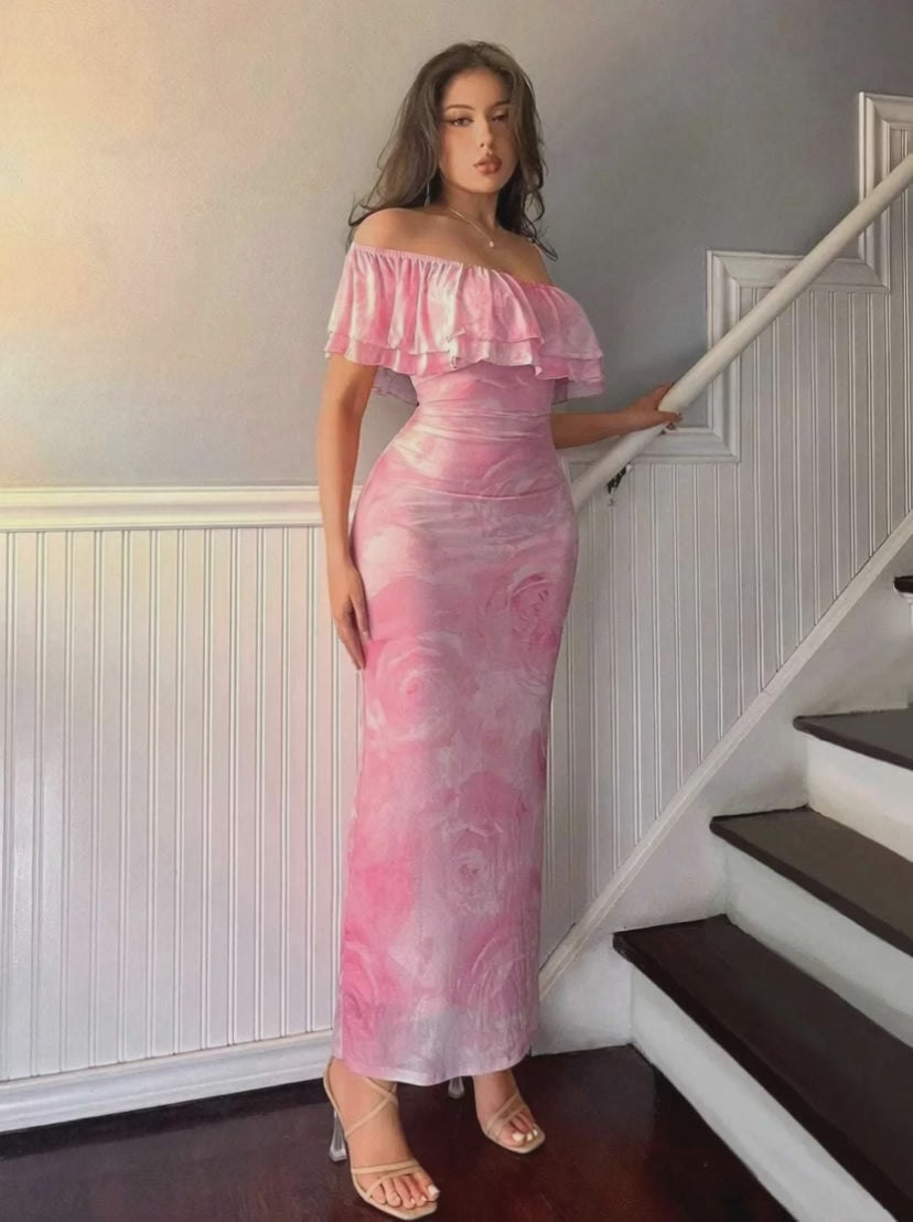 Pink layered ruffled off-shoulder dress women
