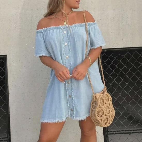 Women cotton denim mini dress with raw hem