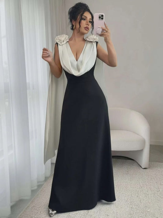 Two tone maxi dress with floral applique detail