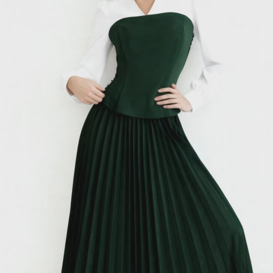 Two tone long sleeve top and pleated skirt set for women