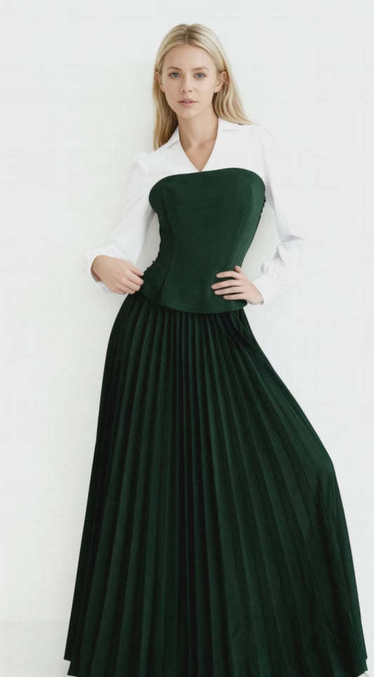 Two tone long sleeve top and pleated skirt set for women