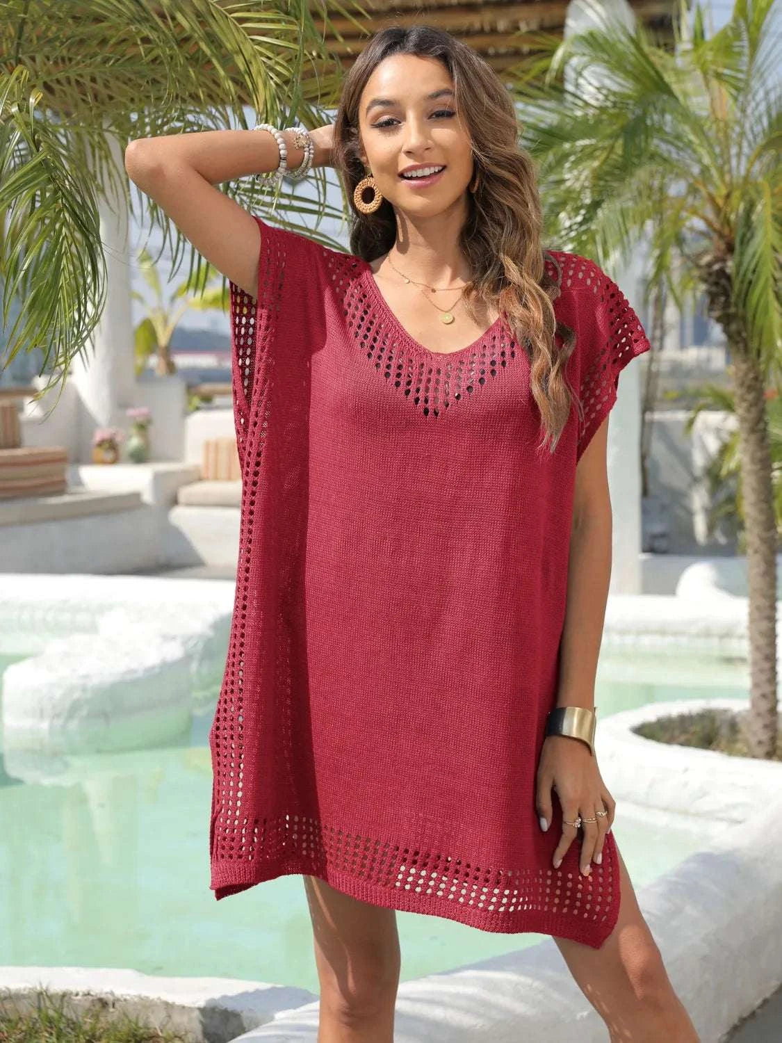 Deep purple crochet trim swim cover up dress women