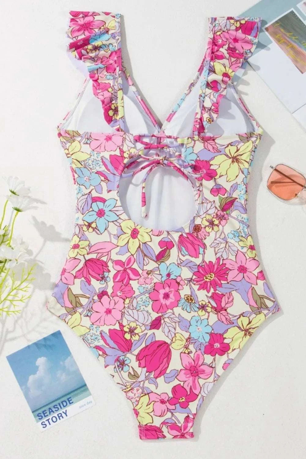 Ruffle trim swimsuit women summer vacation look