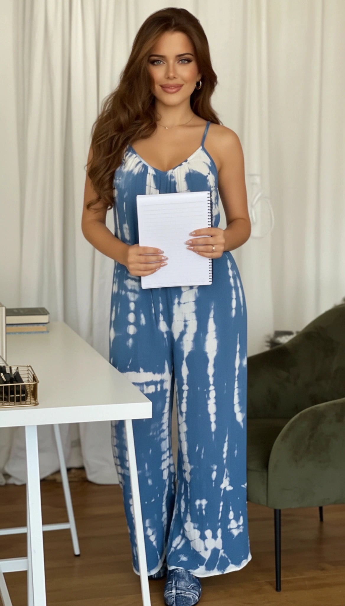 Sky blue V-neck jumpsuit for women