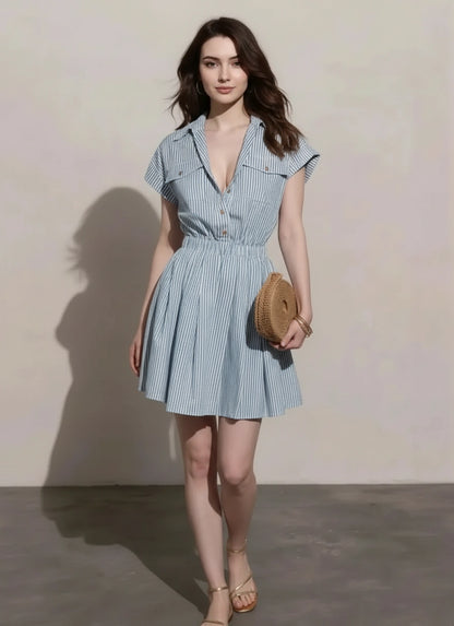 Women’s striped cap sleeve mini shirt dress front view