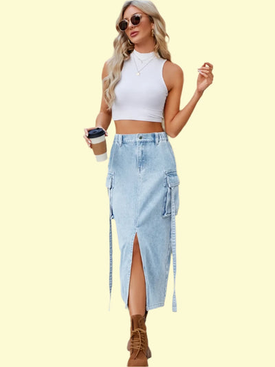 Slit Pocketed High Waist Denim Skirt