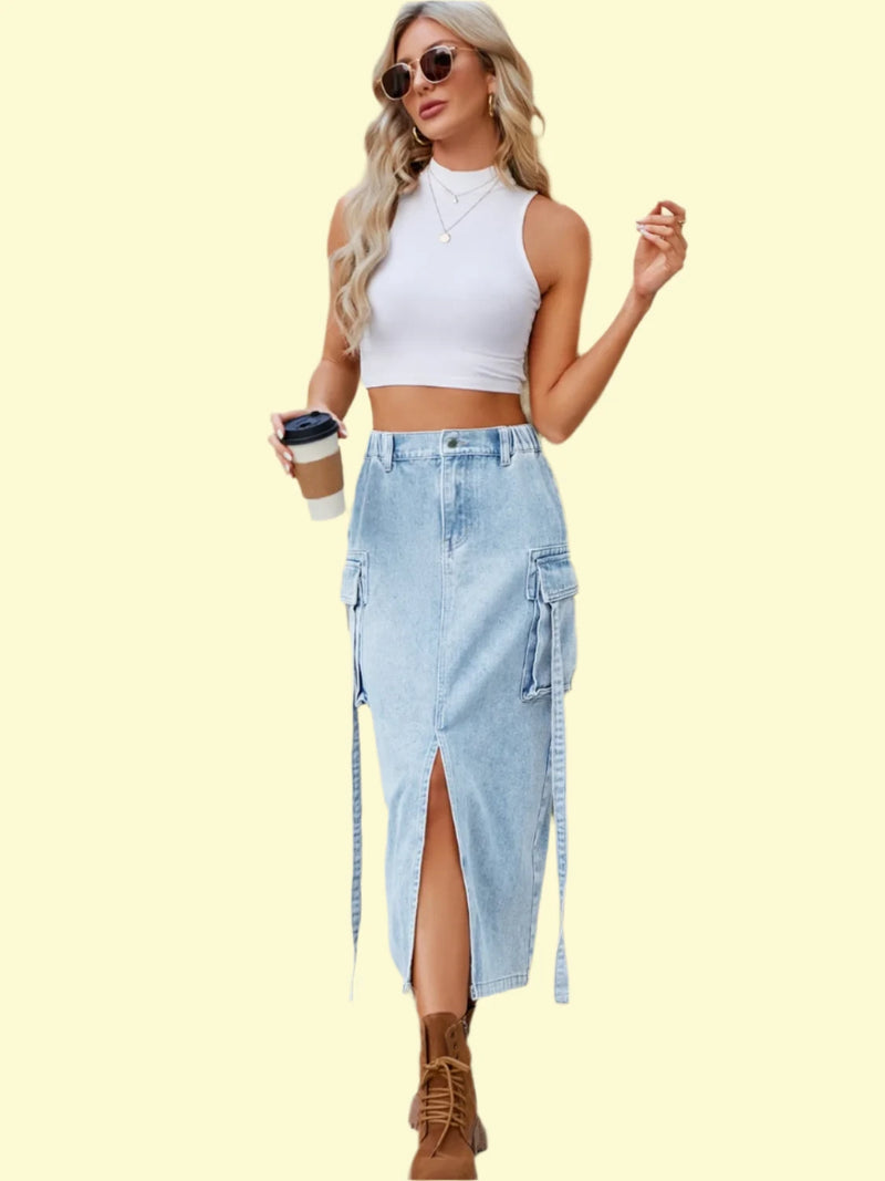 Slit Pocketed High Waist Denim Skirt