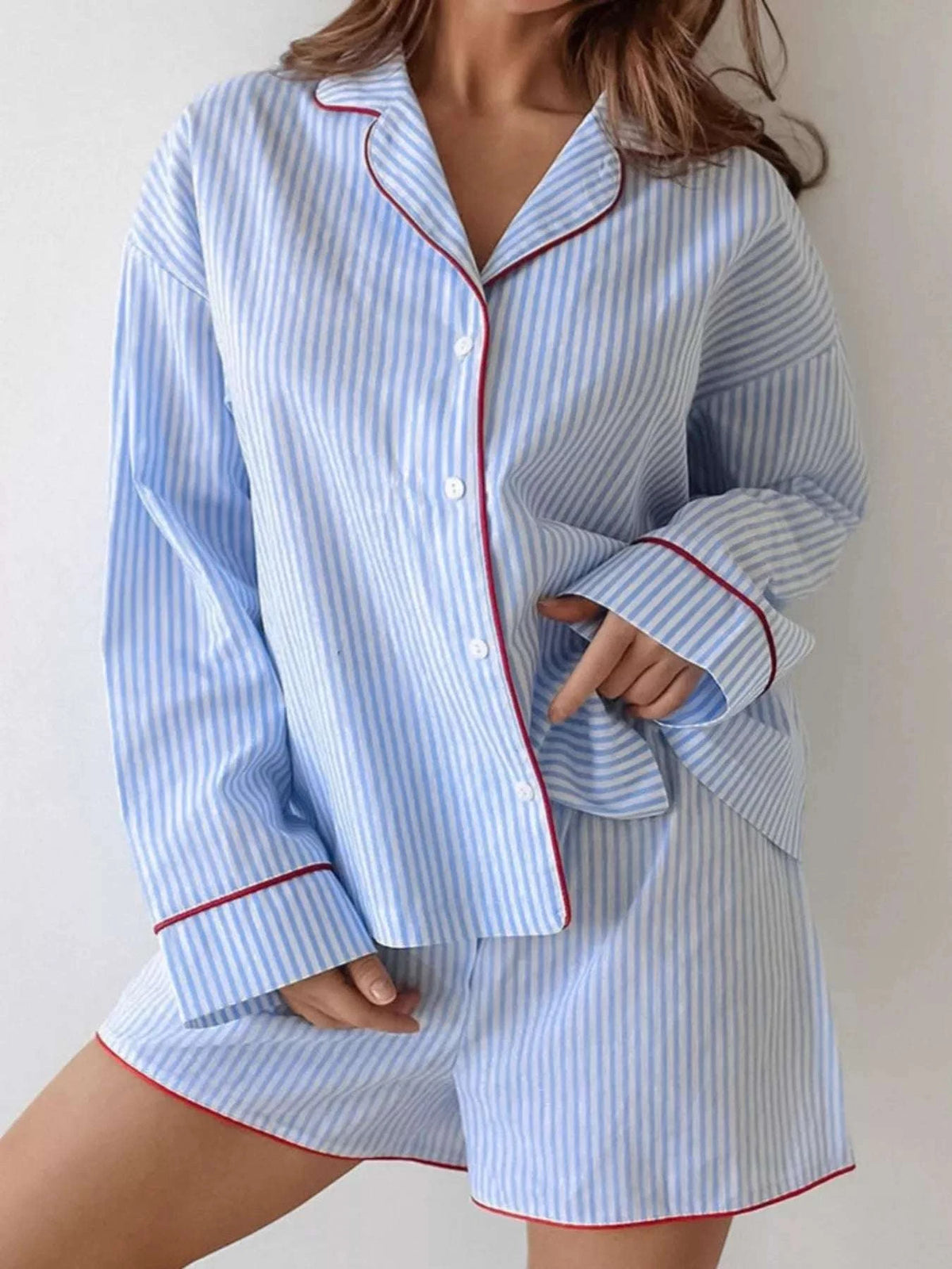 women cotton striped lounge set shirt and shorts light blue