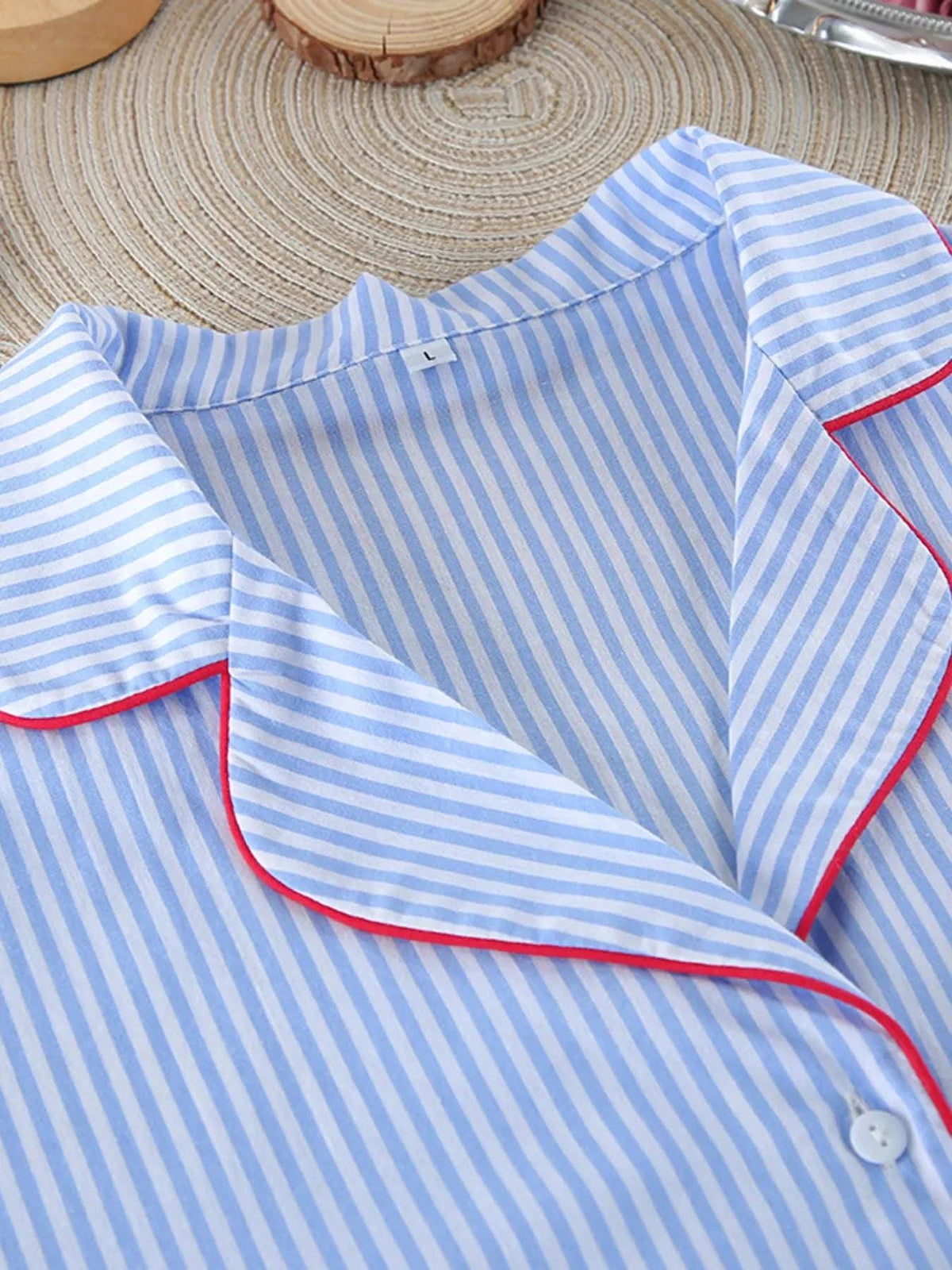women striped nightwear set button up shirt detail